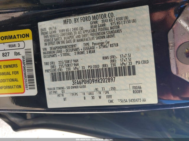 Продажа на аукционе авто 2017 Ford Fusion Se, vin: 3FA6P0HD9HR202897, номер лота: 46387620