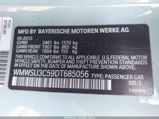 Продаж на аукціоні авто 2013 Mini Hardtop Cooper, vin: WMWSU3C59DT685056, номер лоту: 46387625