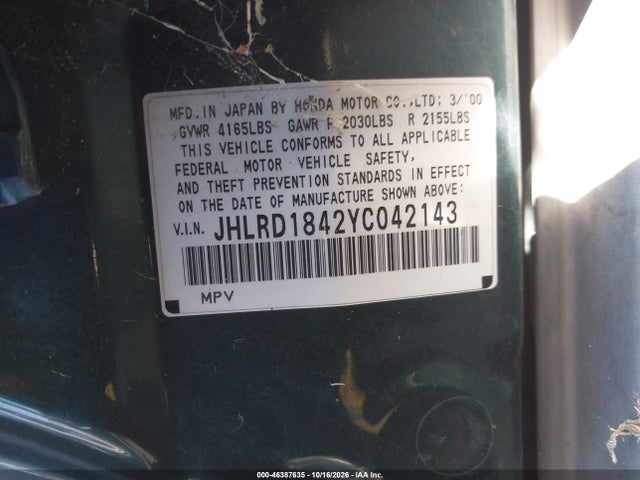 Aukcja sprzedaży 2000 Honda Cr-v Lx, vin: JHLRD1842YC042143, numer aukcji: 46387635