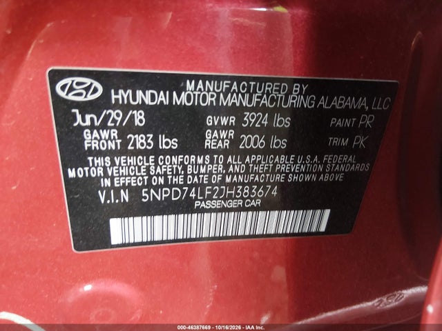 Aukcja sprzedaży 2018 Hyundai Elantra Se, vin: 5NPD74LF2JH383674, numer aukcji: 46387669