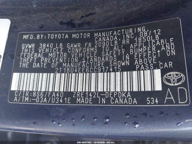 2012 Toyota Corolla L მანქანა იყიდება აუქციონზე, vin: 2T1BU4EE6CC917415, აუქციონის ნომერი: 46387682