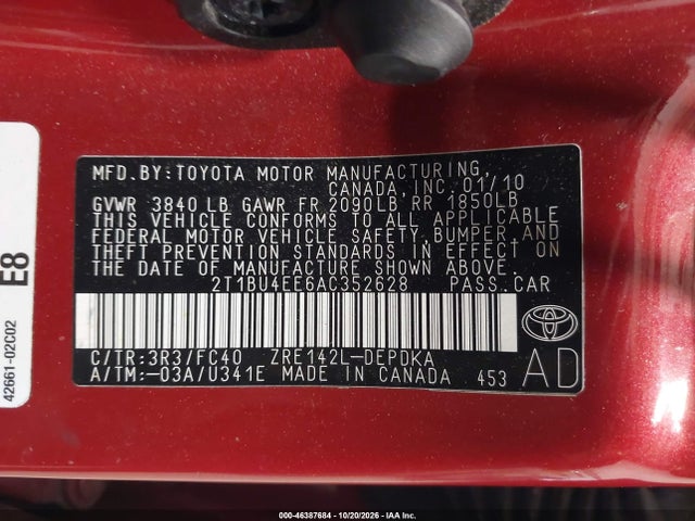 Aukcja sprzedaży 2010 Toyota Corolla Le, vin: 2T1BU4EE6AC352628, numer aukcji: 46387684
