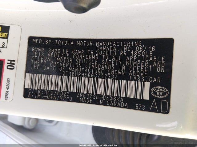 46387718 :رقم المزاد ، 2T1BURHE8GC712337 vin ، 2016 Toyota Corolla S Plus مزاد بيع