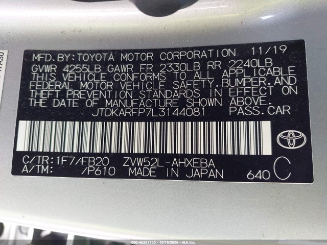 Продаж на аукціоні авто 2020 Toyota Prius Prime Le, vin: JTDKARFP7L3144081, номер лоту: 46387750