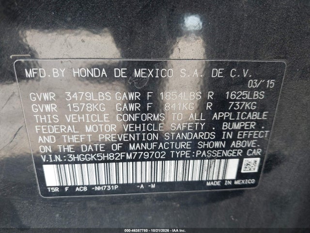 46387780 :رقم المزاد ، 3HGGK5H82FM779702 vin ، 2015 Honda Fit Ex/ex-l مزاد بيع