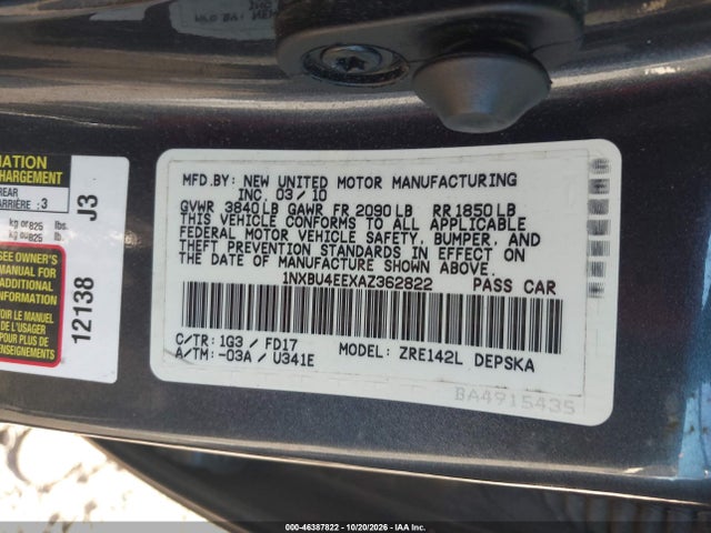 Aukcja sprzedaży 2010 Toyota Corolla S, vin: 1NXBU4EEXAZ362822, numer aukcji: 46387822