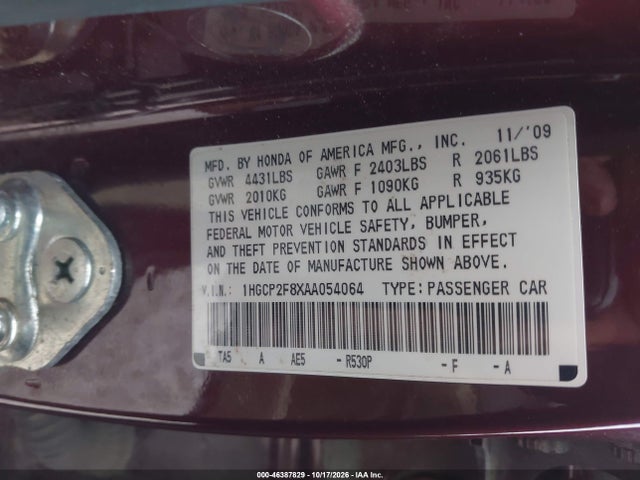 Aukcja sprzedaży 2010 Honda Accord 2.4 Ex-l, vin: 1HGCP2F8XAA054064, numer aukcji: 46387829