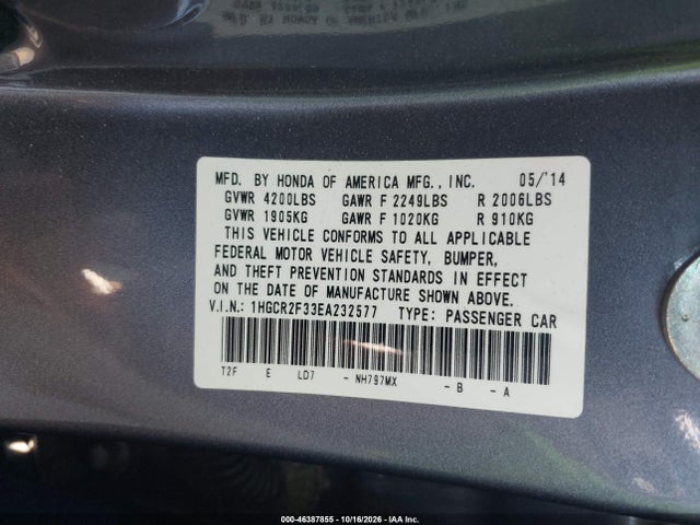 Aukcja sprzedaży 2014 Honda Accord Lx, vin: 1HGCR2F33EA232577, numer aukcji: 46387855