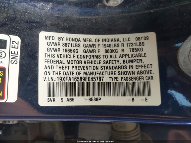 2009 Honda Civic Lx მანქანა იყიდება აუქციონზე, vin: 19XFA16589E045787, აუქციონის ნომერი: 46387858