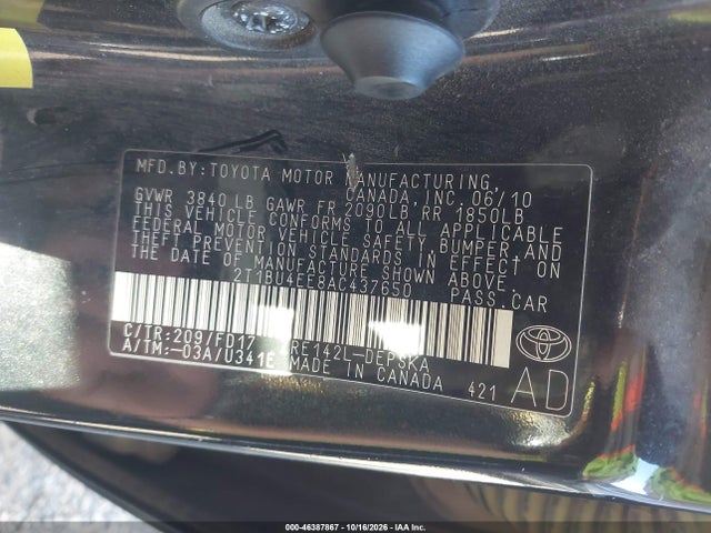 46387867 :رقم المزاد ، 2T1BU4EE8AC437650 vin ، 2010 Toyota Corolla S مزاد بيع