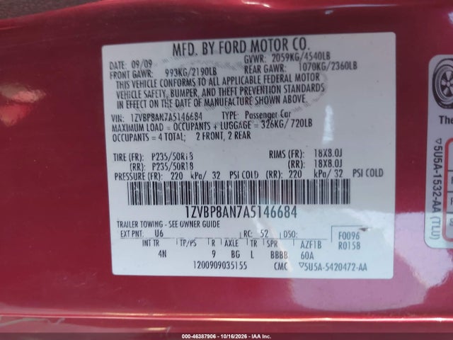 Продажа на аукционе авто 2010 Ford Mustang V6/v6 Premium, vin: 1ZVBP8AN7A5146684, номер лота: 46387906