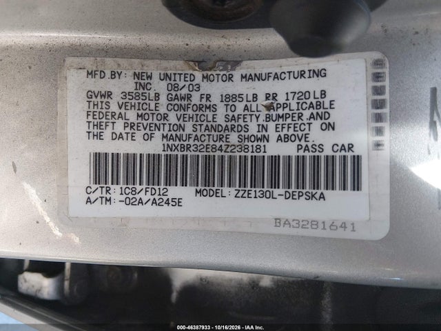 Продаж на аукціоні авто 2004 Toyota Corolla S, vin: 1NXBR32E84Z238181, номер лоту: 46387933