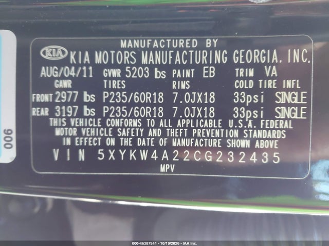 46387941 :رقم المزاد ، 5XYKW4A22CG232435 vin ، 2012 Kia Sorento Sx V6 مزاد بيع