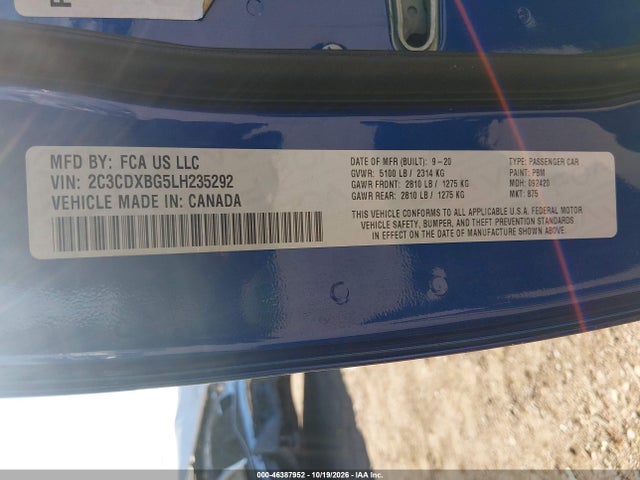 Продаж на аукціоні авто 2020 Dodge Charger Sxt Rwd, vin: 2C3CDXBG5LH235292, номер лоту: 46387952