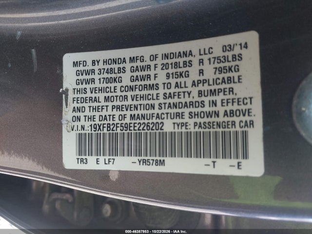 Aukcja sprzedaży 2014 Honda Civic Lx, vin: 19XFB2F59EE226202, numer aukcji: 46387953