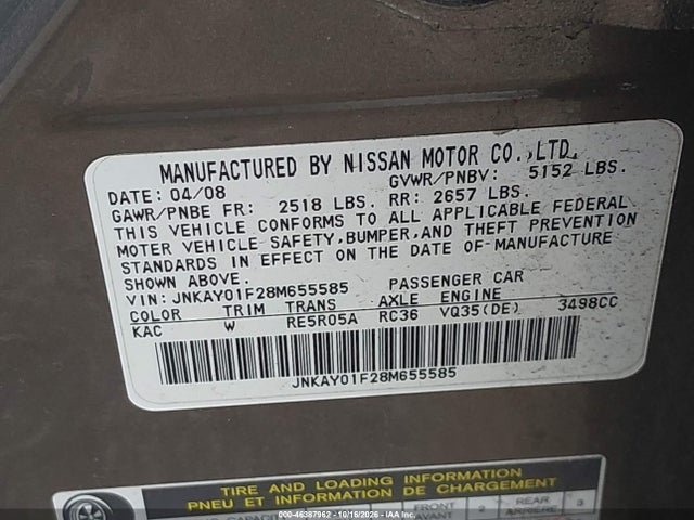 46387962 :رقم المزاد ، JNKAY01F28M655585 vin ، 2008 Infiniti M35x مزاد بيع