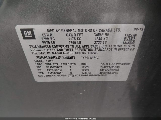 46387972 :رقم المزاد ، 2GNFLEEK2D6390581 vin ، 2013 Chevrolet Equinox 1lt مزاد بيع