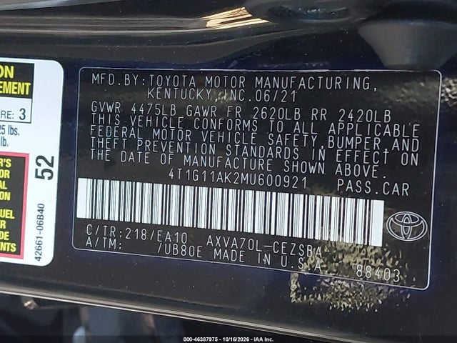 4T1G11AK2MU600921 Toyota CAMRY SE