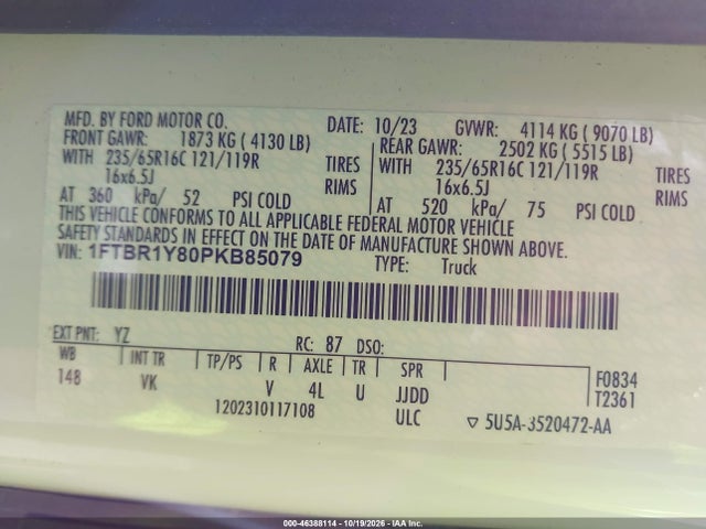 Продаж на аукціоні авто 2023 Ford Transit-250, vin: 1FTBR1Y80PKB85079, номер лоту: 46388114
