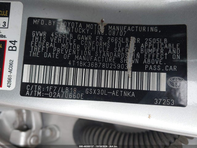 2008 Toyota Avalon Touring მანქანა იყიდება აუქციონზე, vin: 4T1BK36B78U259033, აუქციონის ნომერი: 46388137