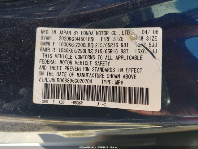 Aukcja sprzedaży 2006 Honda Cr-v Ex, vin: JHLRD68896C020704, numer aukcji: 46388143