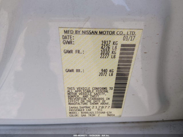 Aukcja sprzedaży 2017 Nissan Altima 2.5 Sr, vin: 1N4AL3AP9HC217877, numer aukcji: 46388271