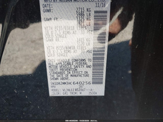 46388286 :رقم المزاد ، 5N1DR2MM3HC640256 vin ، 2017 Nissan Pathfinder Sv مزاد بيع