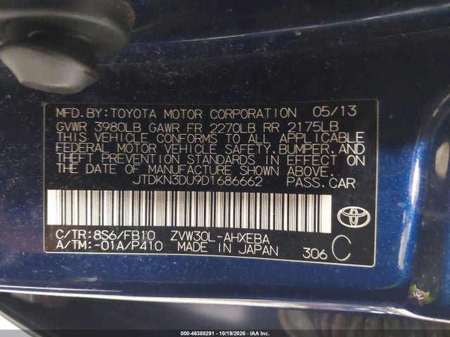 Aukcja sprzedaży 2013 Toyota Prius Two, vin: JTDKN3DU9D1686662, numer aukcji: 46388291