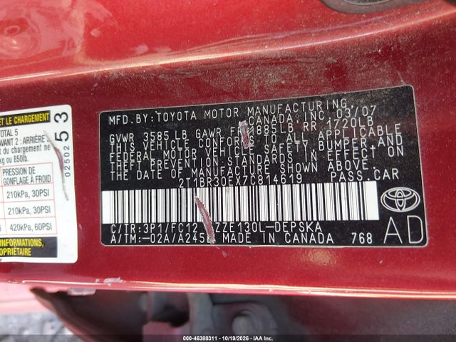 46388311 :رقم المزاد ، 2T1BR30EX7C814619 vin ، 2007 Toyota Corolla S مزاد بيع