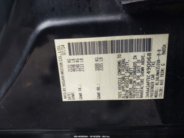 Aukcja sprzedaży 2014 Nissan Maxima 3.5 Sv, vin: 1N4AA5AP7EC490068, numer aukcji: 46388364