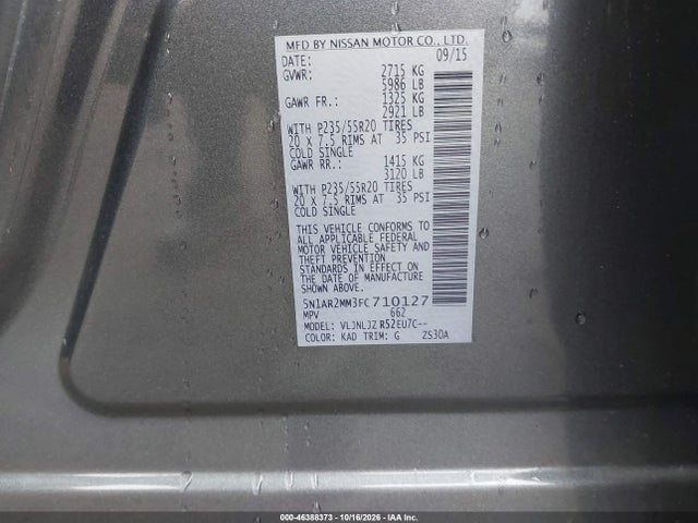 46388373 :رقم المزاد ، 5N1AR2MM3FC710127 vin ، 2015 Nissan Pathfinder Platinum مزاد بيع