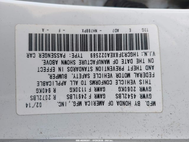Продаж на аукціоні авто 2014 Honda Accord Ex-l V-6, vin: 1HGCR3F8XEA022589, номер лоту: 46388381