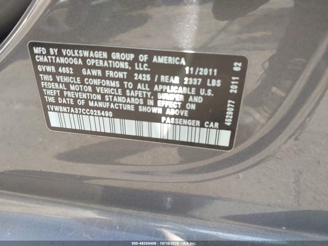 2012 Volkswagen Passat 2.0l Tdi Se მანქანა იყიდება აუქციონზე, vin: 1VWBN7A37CC025490, აუქციონის ნომერი: 46388406