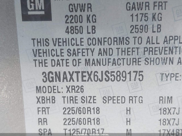 Aukcja sprzedaży 2018 Chevrolet Equinox Lt, vin: 3GNAXTEX6JS589175, numer aukcji: 46388528