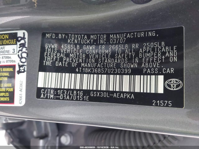2007 Toyota Avalon Limited მანქანა იყიდება აუქციონზე, vin: 4T1BK36B57U230399, აუქციონის ნომერი: 46388659