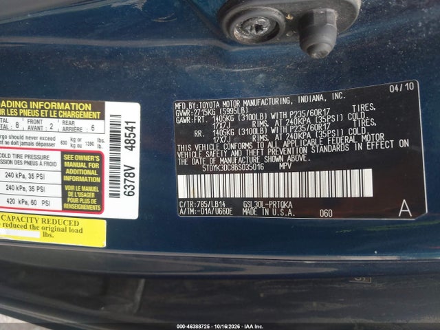 46388725 :رقم المزاد ، 5TDYK3DC8BS035016 vin ، 2011 Toyota Sienna Xle V6 مزاد بيع
