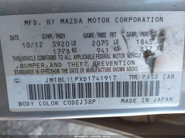 Продаж на аукціоні авто 2013 Mazda Mazda3 I Touring, vin: JM1BL1LPXD1741917, номер лоту: 46388731
