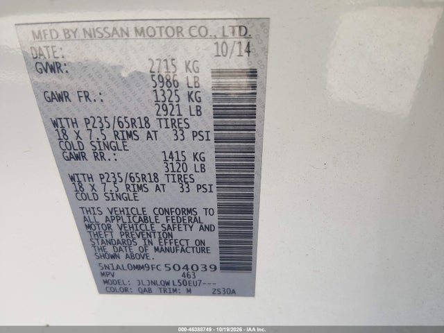 Продаж на аукціоні авто 2015 Infiniti Qx60, vin: 5N1AL0MM9FC504039, номер лоту: 46388749