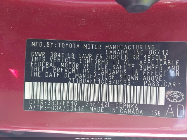 Aukcja sprzedaży 2012 Toyota Corolla Le, vin: 2T1BU4EE1CC878555, numer aukcji: 46388812