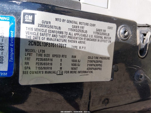 Продаж на аукціоні авто 2007 Chevrolet Equinox Ls, vin: 2CNDL13F376117017, номер лоту: 46388871
