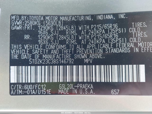 Продаж на аукціоні авто 2008 Toyota Sienna Le, vin: 5TDZK23C38S146792, номер лоту: 46389041