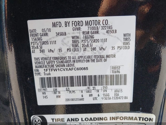 Продаж на аукціоні авто 2010 Ford F-150 Lariat, vin: 1FTFW1CVXAFC60085, номер лоту: 46389064