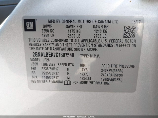 Aukcja sprzedaży 2012 Chevrolet Equinox Ls, vin: 2GNALBEK7C1307540, numer aukcji: 46389088