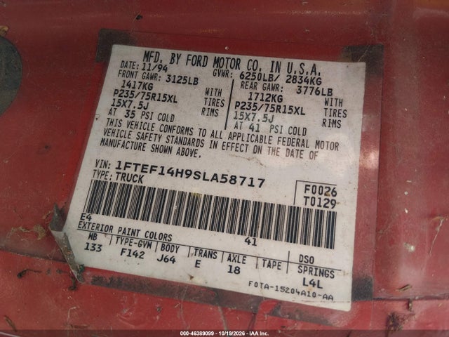 Продаж на аукціоні авто 1995 Ford F150, vin: 1FTEF14H9SLA58717, номер лоту: 46389099