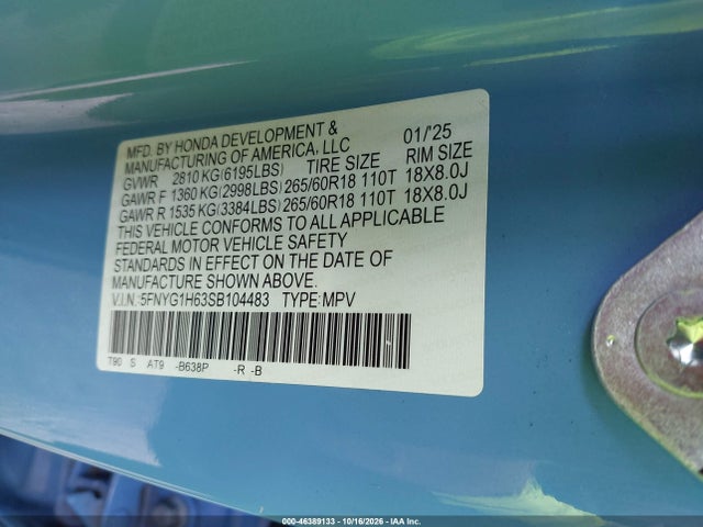 46389133 :رقم المزاد ، 5FNYG1H63SB104483 vin ، 2025 Honda Pilot Trailsport مزاد بيع