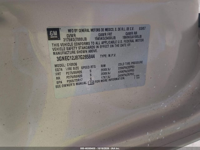 Aukcja sprzedaży 2007 Chevrolet Avalanche 1500 Lt, vin: 3GNEC12J87G285844, numer aukcji: 46389405