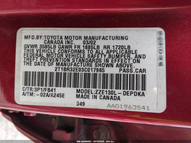 46389455 :رقم المزاد ، 2T1BR32E03C017965 vin ، 2003 Toyota Corolla Ce مزاد بيع