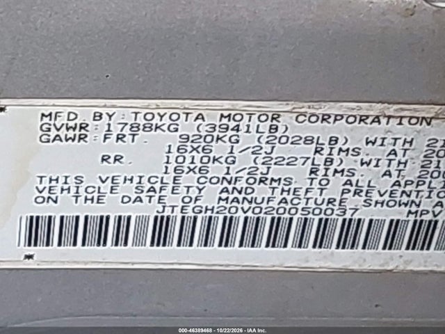 46389468 :رقم المزاد ، JTEGH20V020050037 vin ، 2002 Toyota Rav4 مزاد بيع