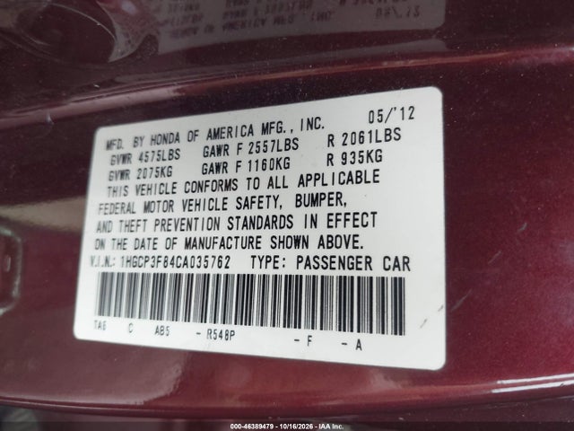 Aukcja sprzedaży 2012 Honda Accord 3.5 Ex-l, vin: 1HGCP3F84CA035762, numer aukcji: 46389479