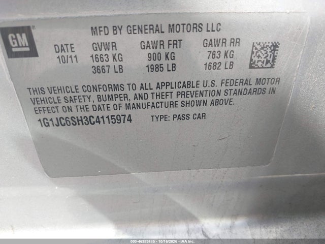 Aukcja sprzedaży 2012 Chevrolet Sonic 2lt, vin: 1G1JC6SH3C4115974, numer aukcji: 46389485